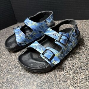 Birki's Birkenstock Sandals 34 Blue Fish Print EVA Double Strap Haiti Kids 3-3.5